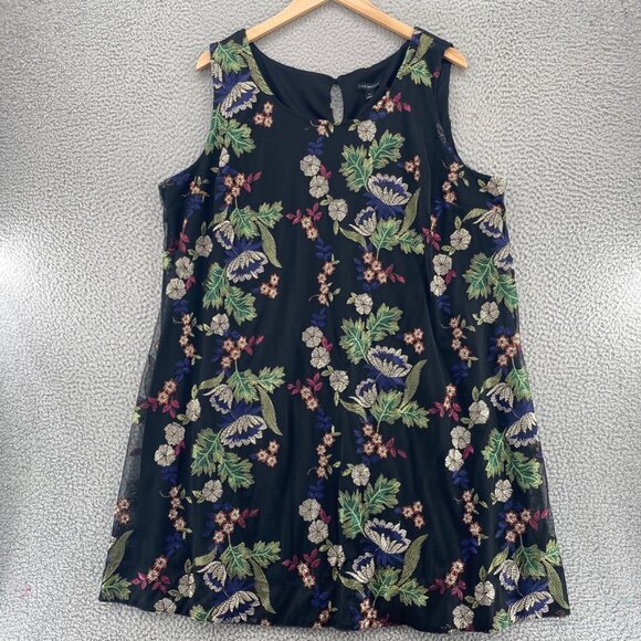 Lane Bryant Dress Womens 24 Plus Black Multi Embroidered Floral Overlay Shift - Picture 1 of 10